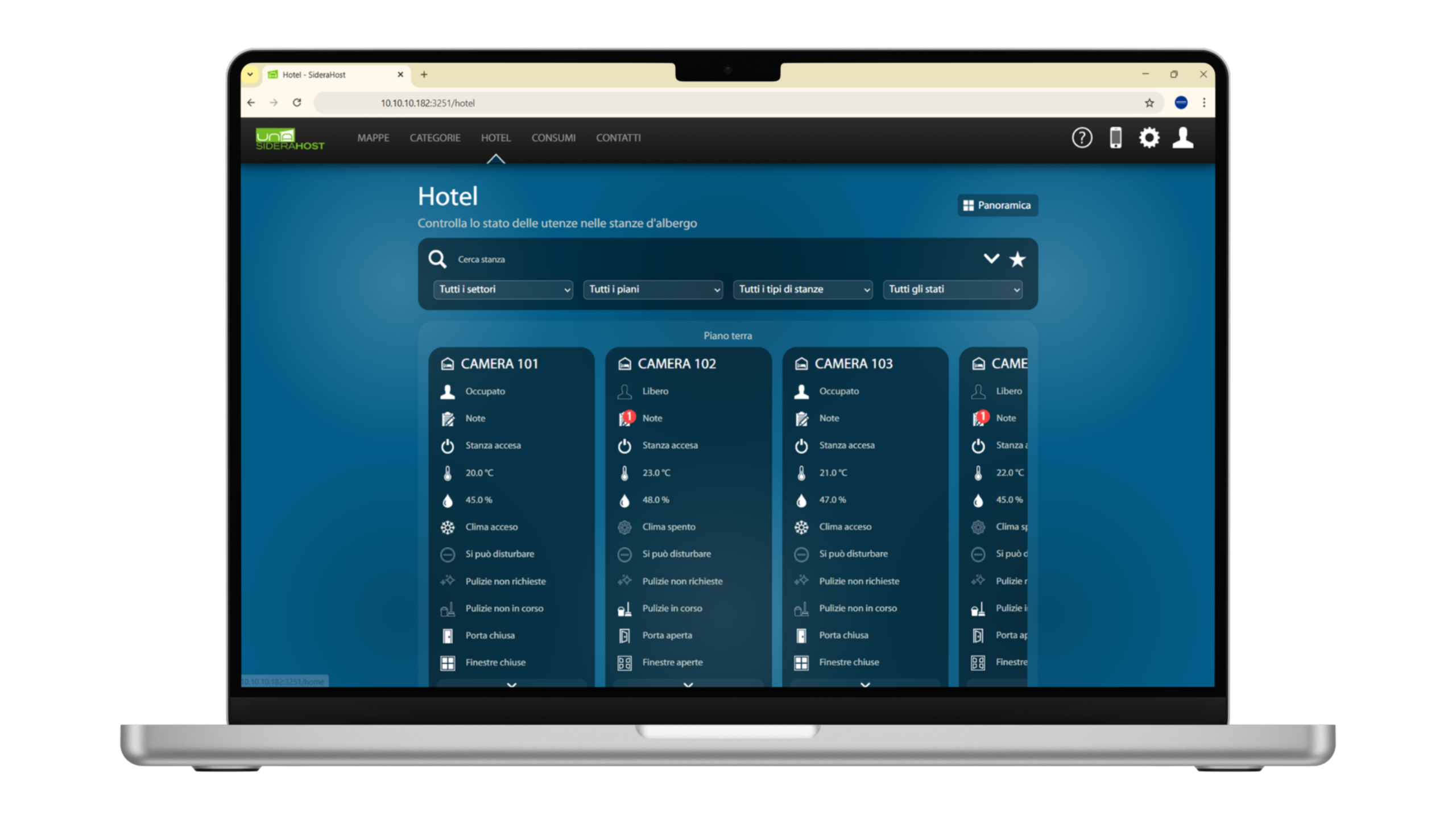 SideraHost dashboard for hotel management